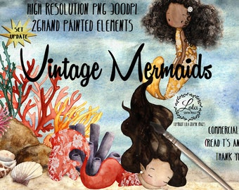 Watercolor Mermaid Clipart Siren Ocean Clipart Sea Coral Reef Graphics Pretty Black Mermaid Hand Painted Seamless Commercial Use PNG Image