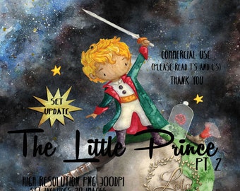 The Little Prince Clipart Fairy Tale Well Fox Doves Le Petit Prince Book Galaxy Seamless Pattern Tile Hand Painted Watercolor Commercial PNG