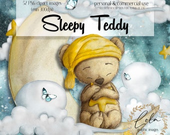 Cute Baby Teddy Bear Clipart | Graphics | Birth Announcement | Moon | Nursery Decor | Sleepy | Hand Painted | Watercolor | Commercial PNG