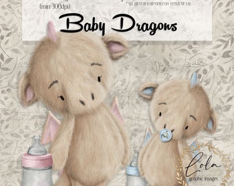 Cute Baby Dragon | Dinosaur | Fluffy | Baby Bottle | Birth Announcement | Teddy | Nursery Decor | Hand Painted | Watercolor | Commercial PNG