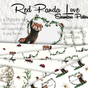 Aquarell Roter Panda Seamless Pattern | Herzkranz | Animal Custom Fabric | Digitales Papier | Marienkäfer | Herz | Panda Stoff | PNG-Bilder