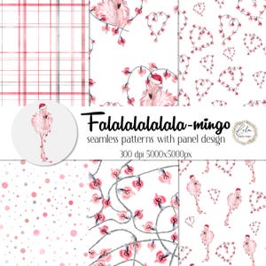 Motivo senza soluzione di continuità con fenicotteri natalizi ad acquerello / Grafica con luci a corda / Uccello dipinto a mano / Carta digitale / Tessuto natalizio / Immagini PNG