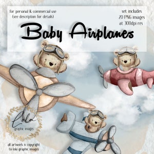 Watercolor Baby Airplane Clipart | Aeroplane PNG | Teddy Bear | Pilot | Seamless Patterns | Hand Painted Watercolor | Clipart Commercial PNG