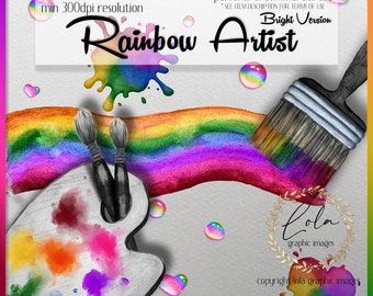 Watercolor Bright Paint Rainbow Clipart | Images | Artist Paint Brush | Splatters | Water Droplets | Hand Painted | Graphic | Commercial PNG