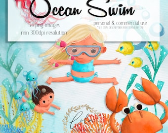 Cute Ocean Swimming Clipart | Beach | Aquatic | Crab | Fish | Jellyfish | Sea | Hand Painted | Shell Graphics | Sting Ray | Commercial | PNG