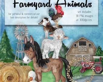 Watercolor Farm Animal Clipart | Red Barn Graphics | Tractor | Pig Sheep Cow Rooster Duck| Poppies | Hand Painted | Commercial | PNG Image