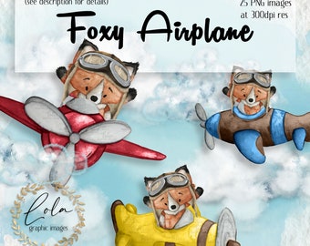 Watercolor Red Airplane Clipart | Aeroplane PNG | Baby Fox Plane | Pilot | Clouds | Cute | Hand Painted Watercolor | Clipart Commercial PNG