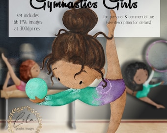 Cute Watercolor Gymnastics Clipart | Acrobatics Graphics | Girl Party | Sport | Custom Fabric|  Hand Painted | Olympics | Commercial Use PNG