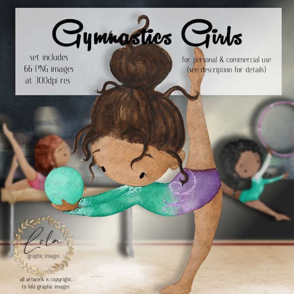 Linda acuarela gimnasia clipart / gráficos de acrobacia / fiesta de niñas / deporte / tela personalizada / pintado a mano / Juegos Olímpicos / Uso comercial PNG