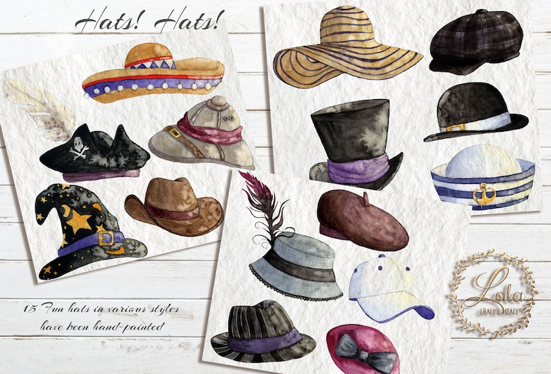 Pretty Watercolor Hats Clipart Hat Graphics Sailor Safari Hat Easter 4th of July Cowboy Fun Hand Painted Watercolor Commercial PNG Images