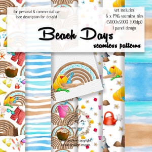 Beach Seamless Patterns | Cute Summer Graphic | Sand Castle Repeat Pattern | Seagull | Hand Painted | Digital Paper | Sea Fabric | PNG Image