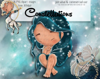 Cute Constellation Clipart | Zodiac | Star Sign | Galaxy | Night Sky | Astrology | Horoscope | Hand Painted | Graphic | Commercial | PNG