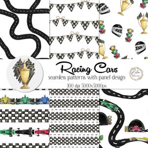 Aquarell Rennautos nahtlose Muster | Junge Auto Grafik | Handbemalte Trophäe | Digitales Papier | Formel 1 Stoff | PNG-Bilder