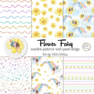 Patrón sin costuras de hada arcoíris de acuarela / Tela de hada de flores / Arcoíris de bebé / Papel digital / Tela linda para bebé / Papel con purpurina / Imagen PNG