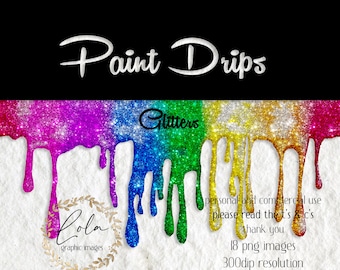 Watercolor Glitter Paint Drip Clipart | Images | Seamless Graphics | Rainbow | Seamless Patterns | Hand Painted | Clipart | Commercial PNG