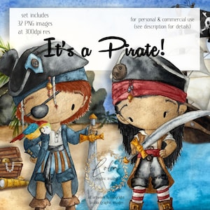 Hand Painted Watercolor Pirate Clipart - Cute Diverse Pirate, Ship, Treasure, Handmade PNG, Gold Doubloons, Party Printables, Commercial Use