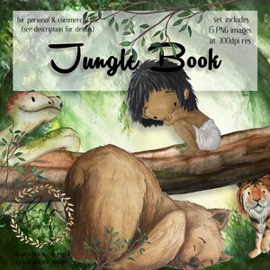Hand Painted Jungle Book Clipart, Fairy Tale Graphics, Watercolor Mowgli PNG Images, Baloo, Childrens Book, Rudyard Kipling, Commercial Use