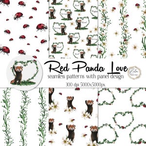 Naadloze aquarel rode panda patroon | Hartkrans | Aangepaste dierenstof | Digitaal papier | Lieveheersbeestje | Hart | Pandastof | PNG-afbeeldingen