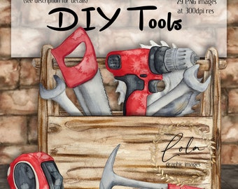 Watercolor DIY Tools Clipart | Handyman Images | Hammer | Drill | Screw | Saw Rainbow Graphics | Hand Painted Watercolor | Commercial PNG