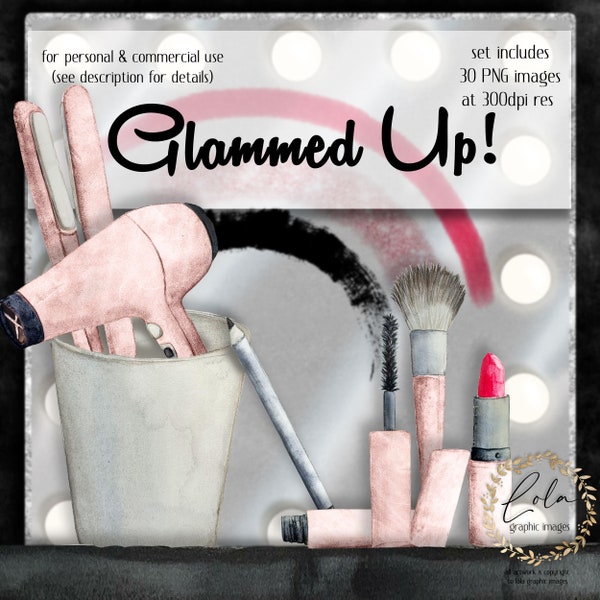 Glamor Makeup Clipart | Beauty Images | Lipstick | Glam Rainbow Graphics | Rainbow | Mascara | Hair Dresser | Hand Painted | Commercial PNG