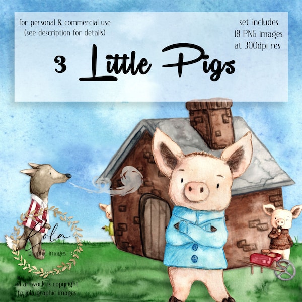 Three Little Pigs Clipart | Wolf Graphic | Fairy Tale Images | Cute 3 Pigs | Nursery Decor | Hand Painted Watercolor | Commercial Use | PNG