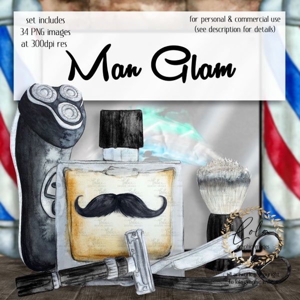 Watercolor Men's Toiletries Clipart | Shaving Images | Mustache | Man | Beard Graphics | Barber | Hand Painted Watercolor | Commercial PNG