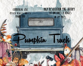 Watercolor Pumpkin Truck Clipart Fall Halloween Seamless Pattern Floral Pre Made Wreath Hand Painted Watercolor Commercial Use PNG Image