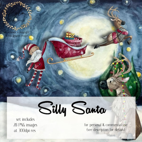 Cute Santa Clipart | Father Christmas | Silly Santa | Reindeer Art | Watercolor | Holiday Graphics | Wreath Hand Painted | Commercial | PNG