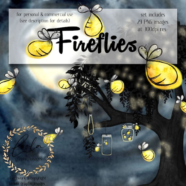 Cute Fireflies Clipart | Firefly Watercolor Graphics | Night Sky | Mason Jar | Fire Fly | Summer Graphics | Commercial Use | PNG Images