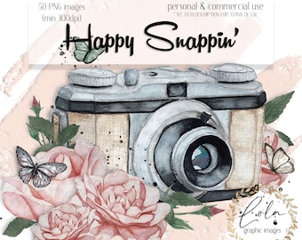 Watercolor Camera Clipart | Photography | Camera Film | Camera Lens | Premade Designs | Animal Print Design | Hand Painted | Commercial PNG