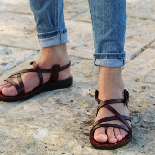 Men Leather Sandal With Ankle Strap Brown Greek Sandals Etsy