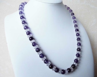 Gemstone necklace African Amethyst and faceted Rock Crystal - 53 cm necklace - 9 mm pearl necklace