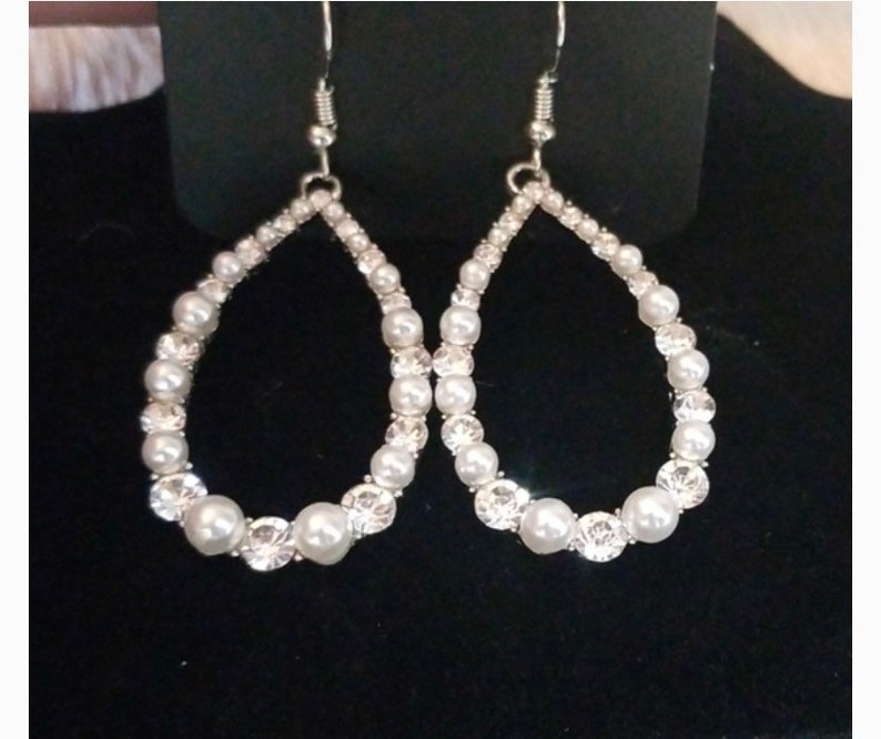 Pearl and Rhinestone Fish Hook Earrings
