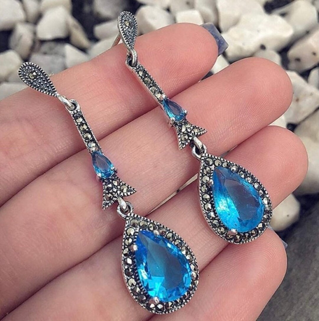 Crystal Blue Rhinestone Teardrop Post Back Earrings Etsy