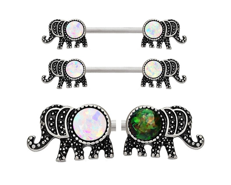 Pair of Elephant White or Green Black Glitter synthetic Fire Opal Steel Nipple barbell ring rings 14g 12g 10g 8g