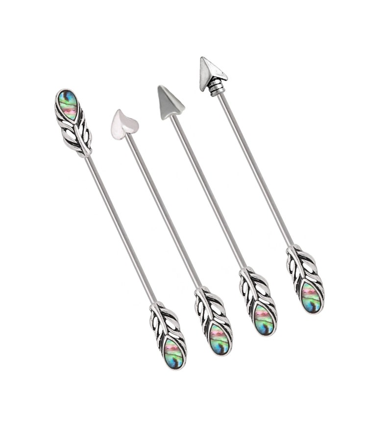 Color Length Choose top Split Abalone shell Feather Looks like Arrow goes through ear Industrial bar ring Earring 14g