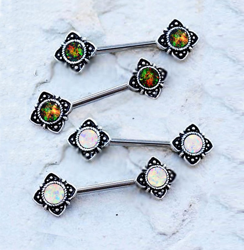 Pair of Synthetic Sparkling Purple fire Opal Prong set ends Nipple bar rings 14g