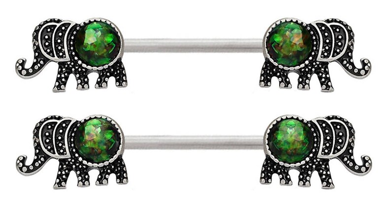 Pair of Elephant White or Green Black Glitter synthetic Fire Opal Steel Nipple barbell ring rings 14g 12g 10g 8g