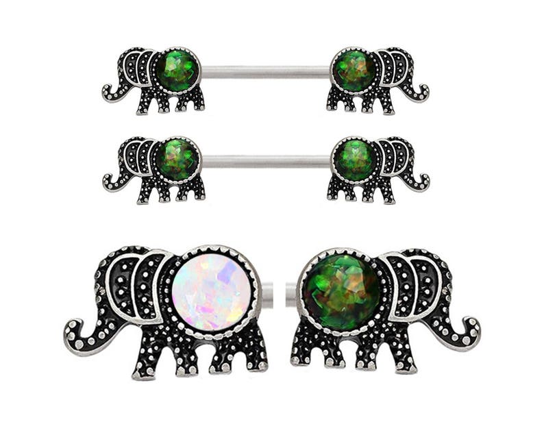 Pair of Elephant White or Green Black Glitter synthetic Fire Opal Steel Nipple barbell ring rings 14g 12g 10g 8g
