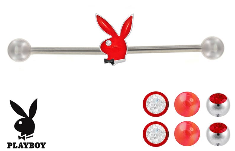 2 Red n Clear gem /& 2 Red gem balls Steel Industrial Barbell ring 14g 7 pc interchangable lot Licensed Red Playboy Bar w 2 Red Pearlized