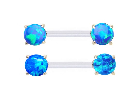 Pair of Synthetic Sparkling Purple fire Opal Prong set ends Nipple bar rings 14g