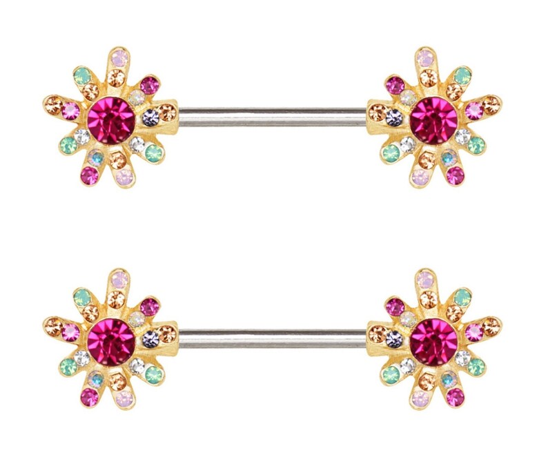 14g Pair of Synthetic Black Multi color fire opal Tribal Sun sunburst ends Nipple barbell rings
