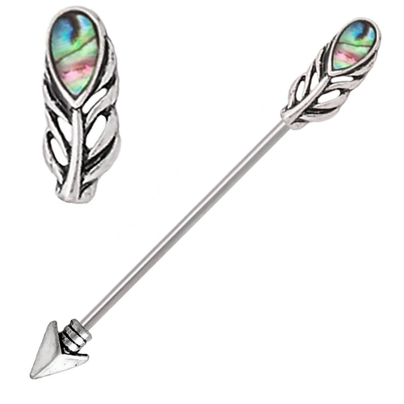 Color Length Choose top Split Abalone shell Feather Looks like Arrow goes through ear Industrial bar ring Earring 14g