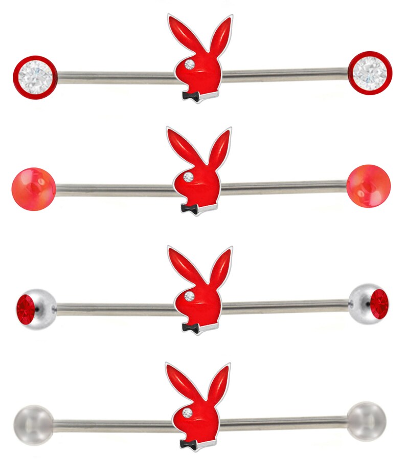 2 Red n Clear gem /& 2 Red gem balls Steel Industrial Barbell ring 14g 7 pc interchangable lot Licensed Red Playboy Bar w 2 Red Pearlized