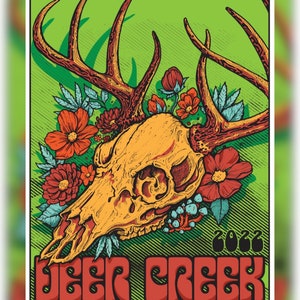 May include: A vibrant poster featuring a deer skull with large antlers, surrounded by orange and red flowers and green foliage. The words "DEER CREEK" are in red, with "2022" above. The background is a textured green.