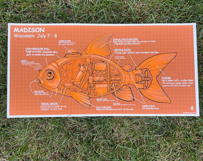 Featured listing image: Summer Tour 2026 mechanical Gold Fish machine print. Madison, Wisconsin July 7th & 8th