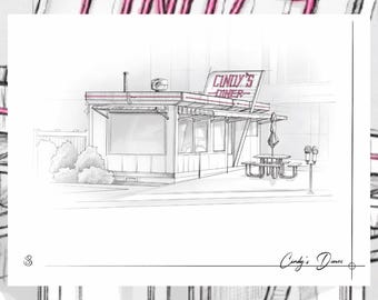 Architectural sketch collection, Giclee art print  - Fort Wayne, Indiana, Cindy’s Diner