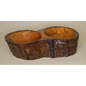Dual Bowl Carved From an Oak Fork, for Pet Feeding, Dips, Etc.