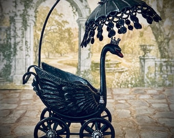 Black Swan Pram Miniature 1.12 Scale OOAK Victorian Fairy Tale Baby Carriage