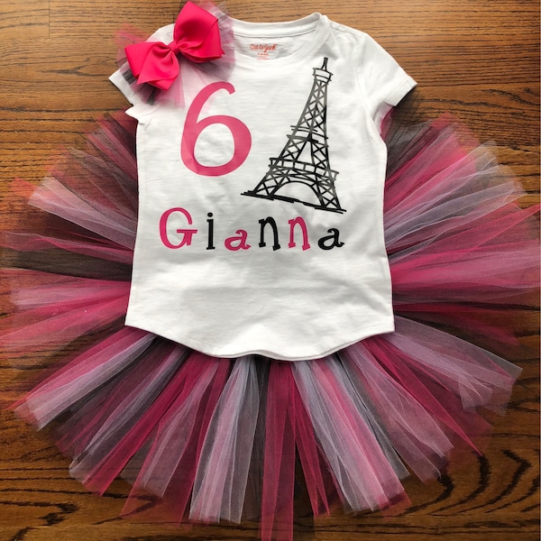 paris birthday tutu outfit with fuschia black and white tulle,  heat transfer vinyl on a tshirt, and bow to match